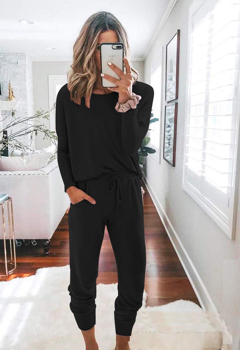Fixmatti 2 Piece Outfits Women Sweatsuit Long Sleeve Shirt and Pant Lounge Set Black 2XL - Image 2